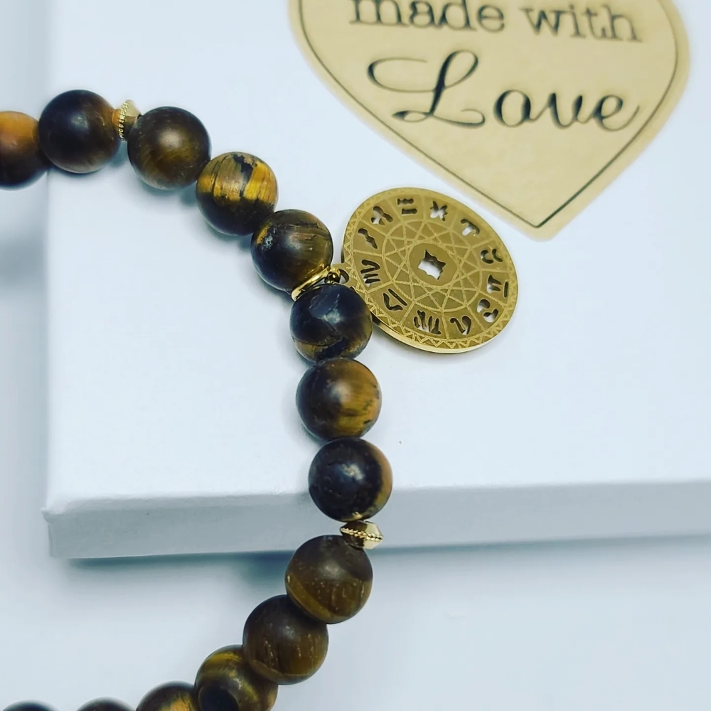 Matte Tiger Eye Zodiac Stainless steel charm bracelet 8 mm